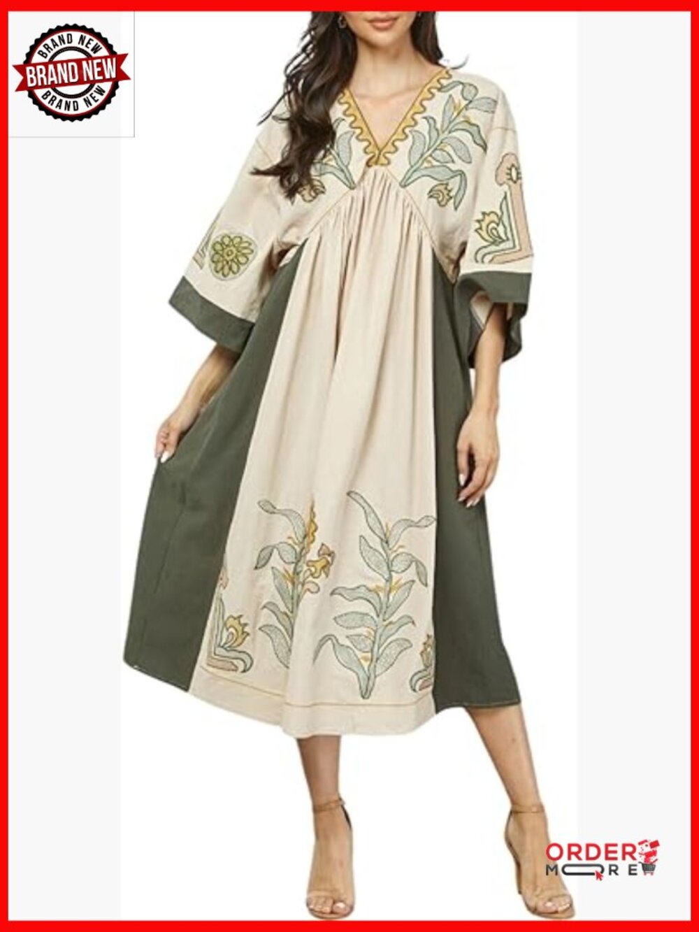 Oversized Floral Embroidered Long Dress with V-Neck